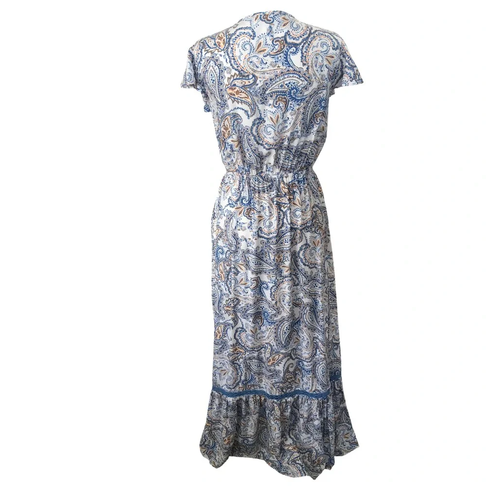 Women's Beyond The Radar Blue Paisley Cap Sleeve Hi-Low Ruffle Boho Maxi Dress L